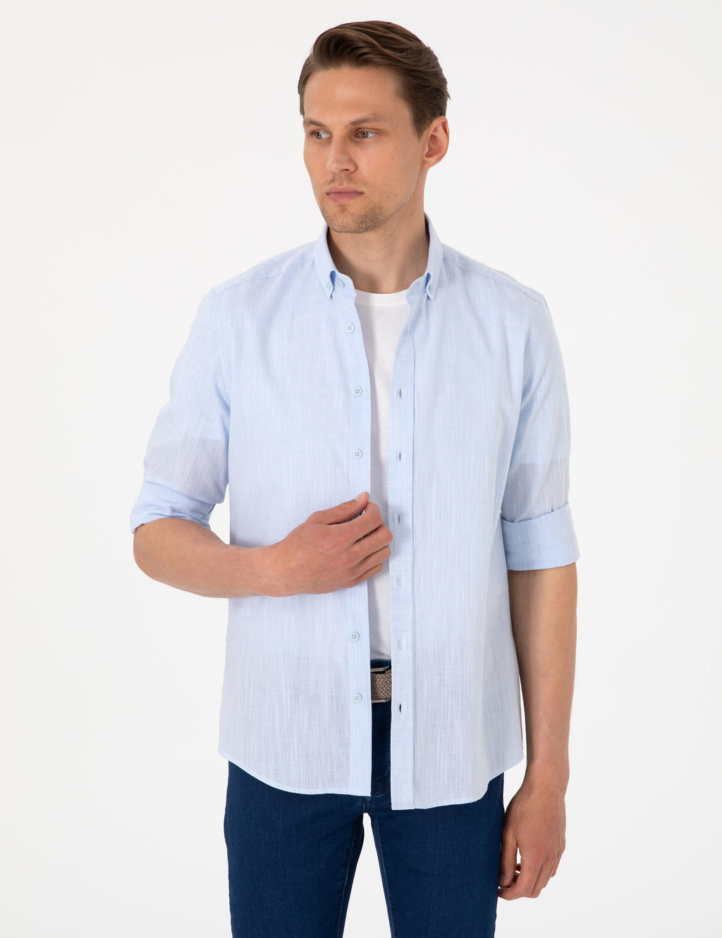 A__k Mavi Keten G_r_n_ml_ Slim Fit Uzun Kollu G_mlek