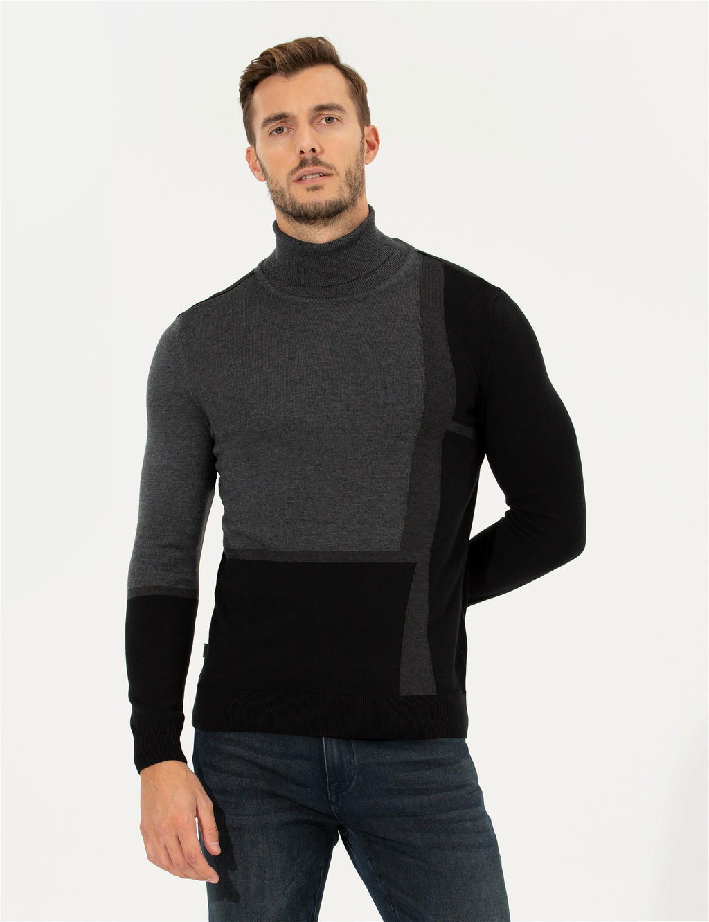 Gri Slim Fit Bal_k__ Yaka Triko Kazak