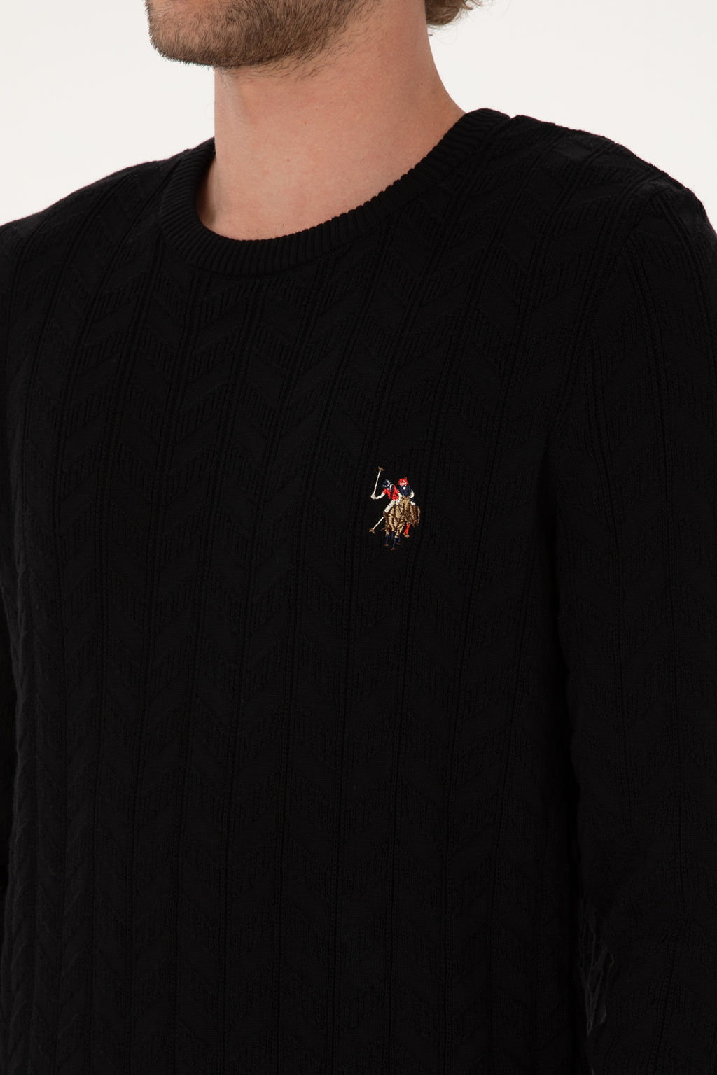 Erkek Slim Fit Bisiklet Yaka Desenli Siyah Kazak - U.s. polo assn фото 14