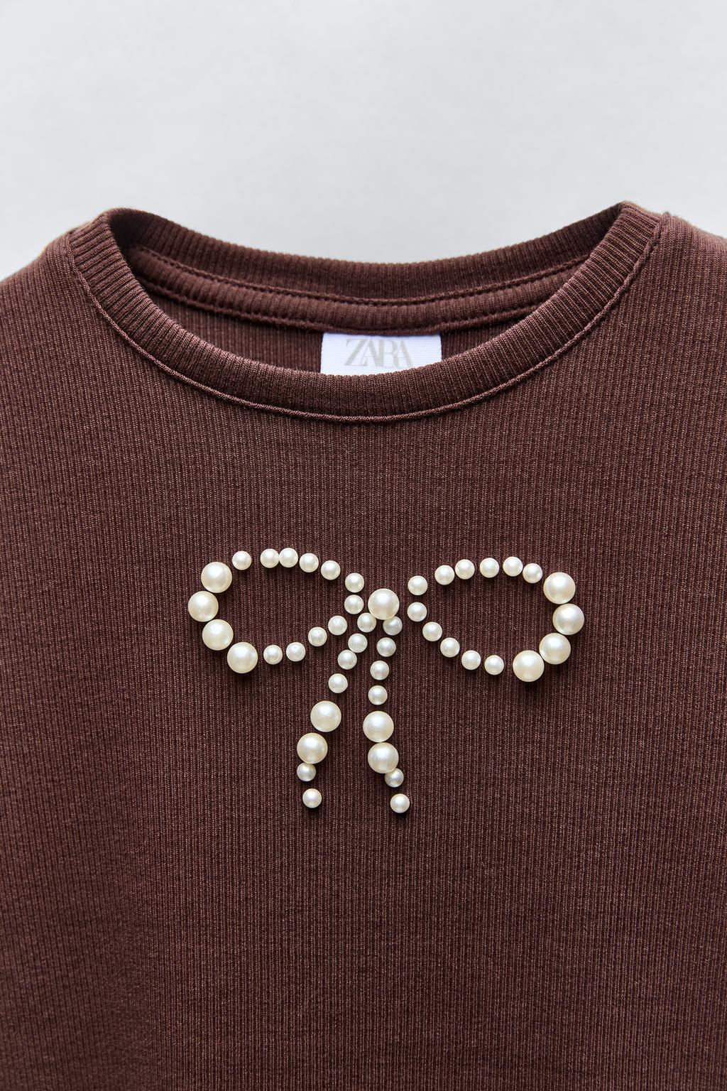 RIBBED T-SHIRT WITH FAUX PEARL BOW - Zara фото 3