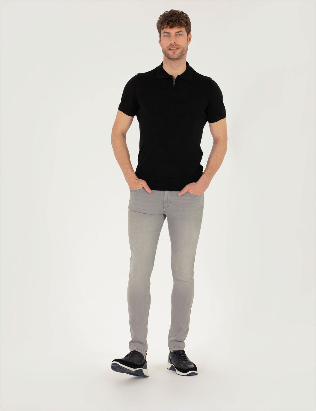 Siyah Slim Fit Fermuarl_ Polo Yaka Triko Ti__rt - Pierre cardin фото 4