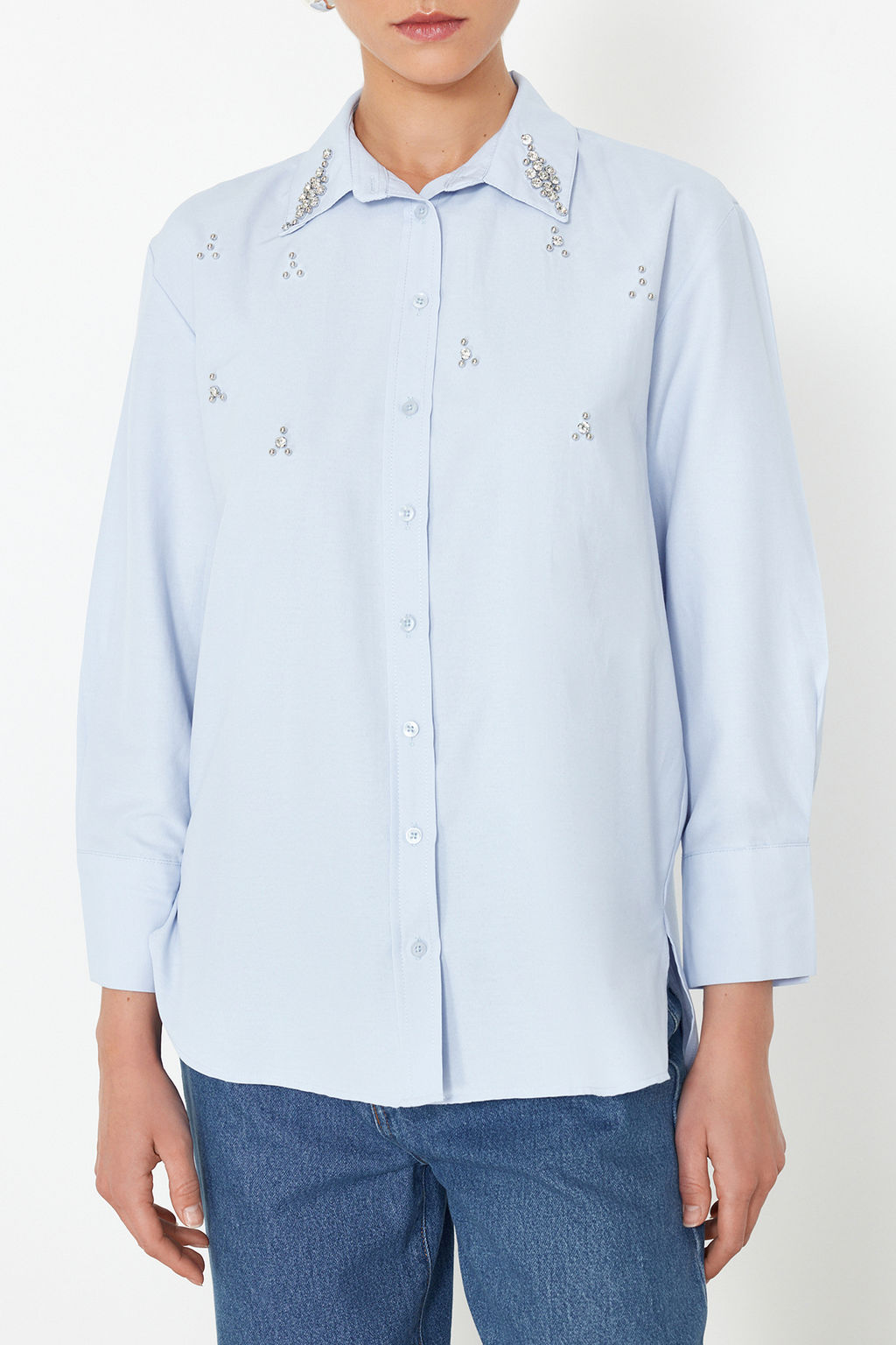 TRENDYOLMILLA Ac?k Mavi Onu Tas Detayl? Regular Normal Kal?p Dokuma Gomlek TWOSS24GO00069 фото 5