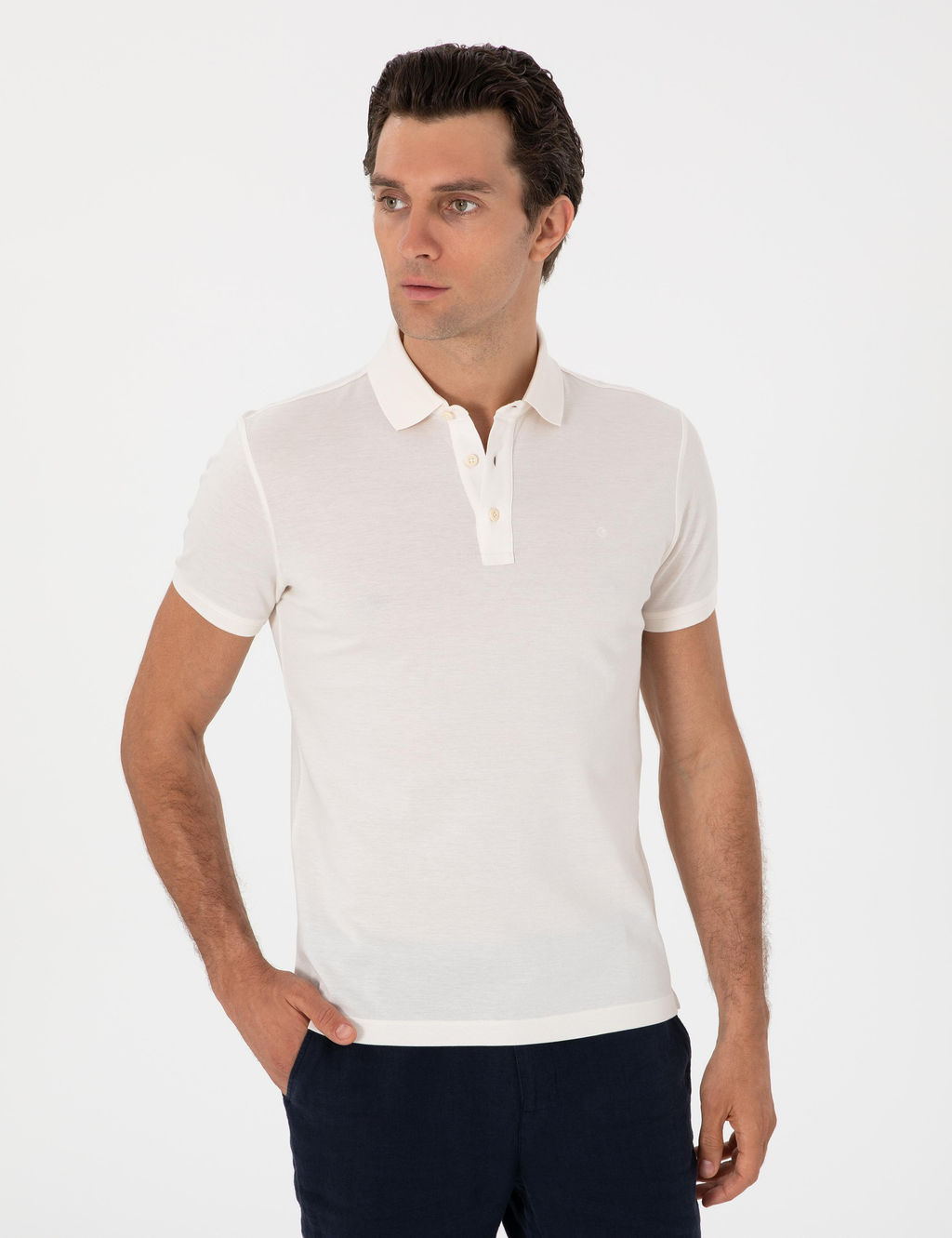 Ekru Slim Fit Polo Yaka Pamuklu Basic T-shirt