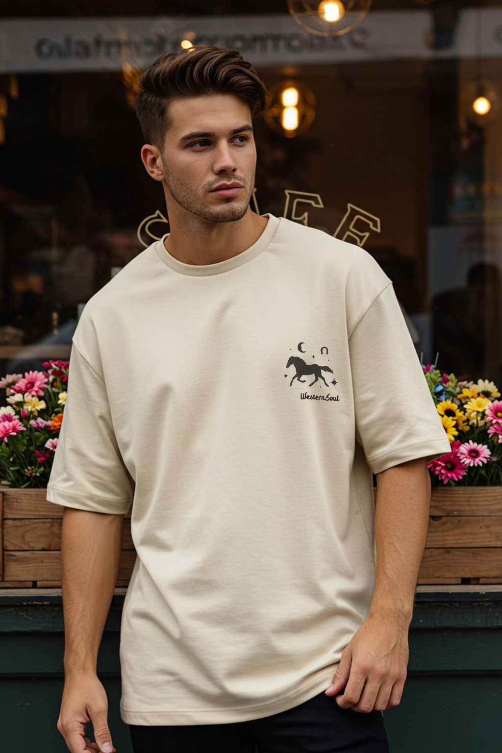 TRENDYOL MAN Tas Oversize/Genis Kesim Kabar?k Hayvan Bask?l? T-Shirt TMNSS25TS00136
