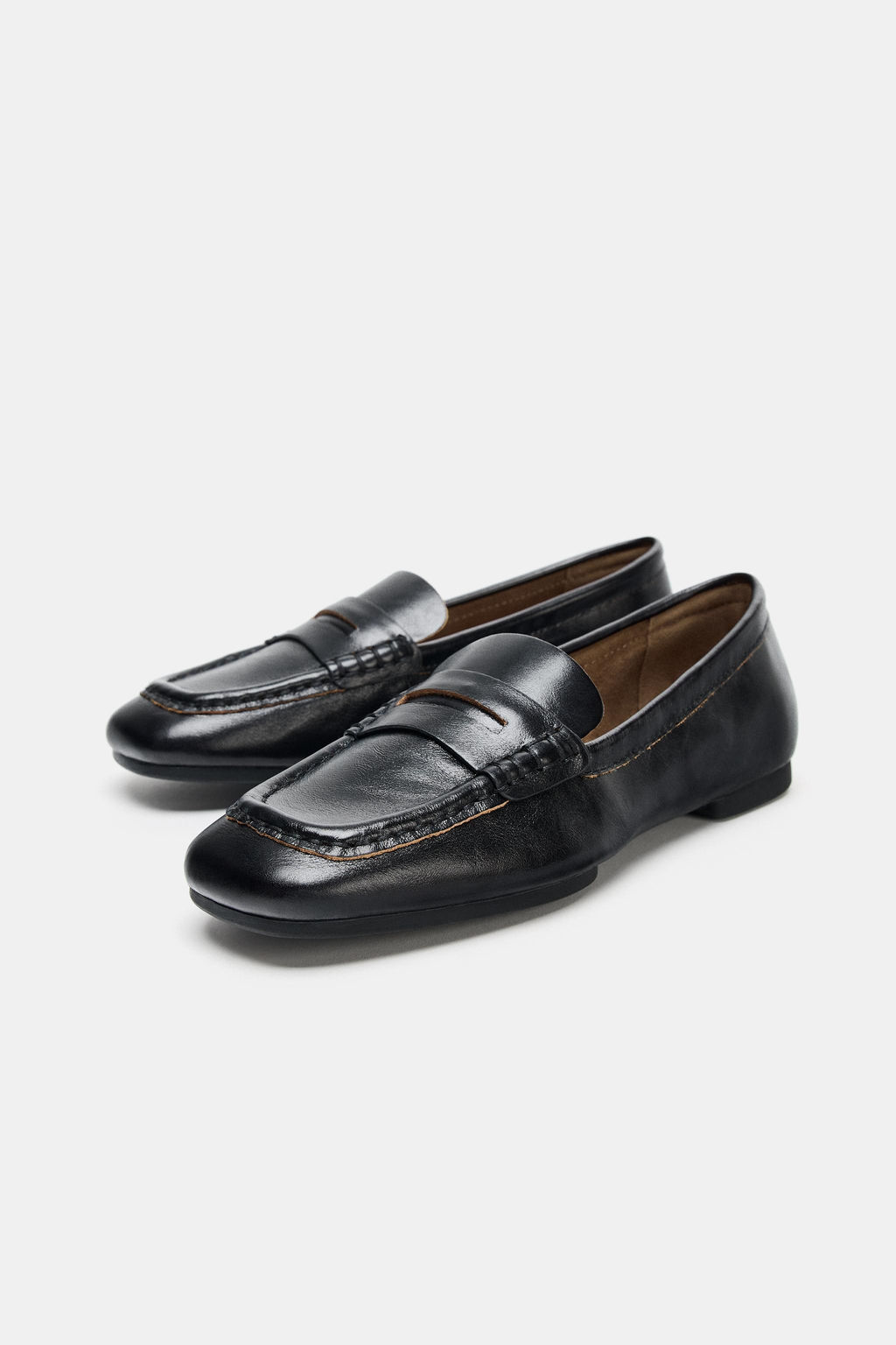 LEATHER LOAFERS WITH SQUARE TOE - Zara фото 3