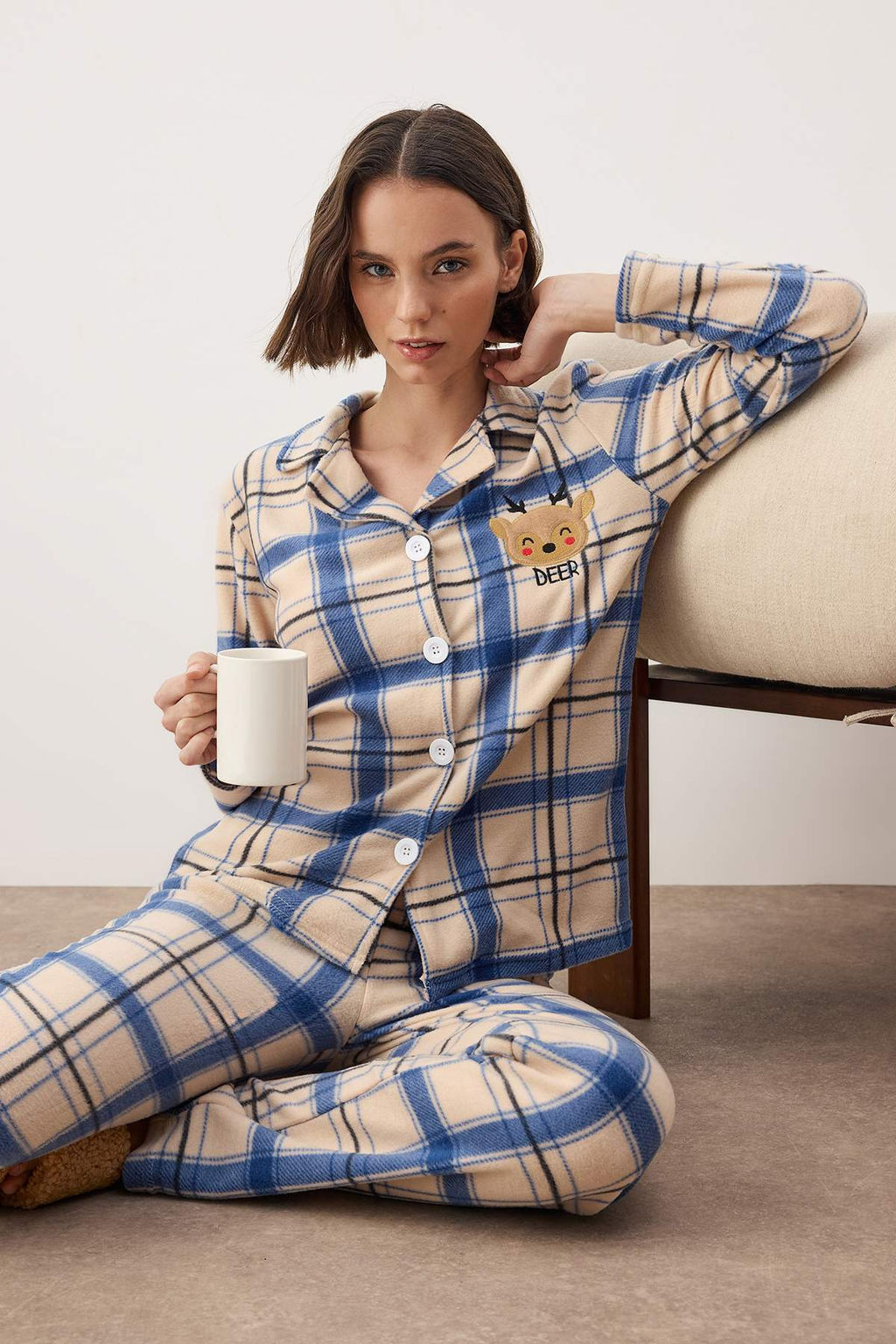 Trendyolmilla Yesil Nak?sl? Ekoseli Polar K?sl?k Orme Pijama Tak?m? THMAW24PT00175  фото 14