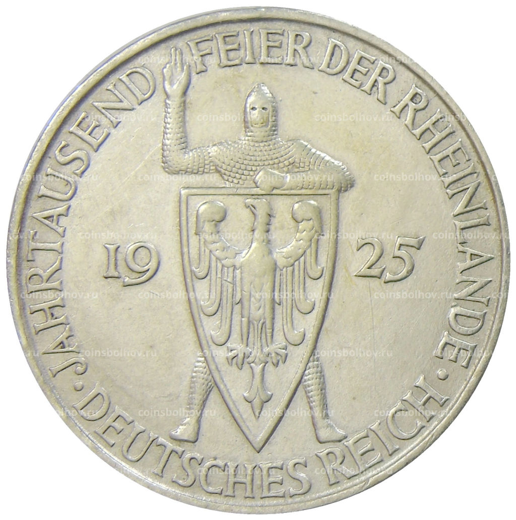 5 рейхсмарок 1925 года D Германия Тысячелетие Рейнской области (Рейнланда)