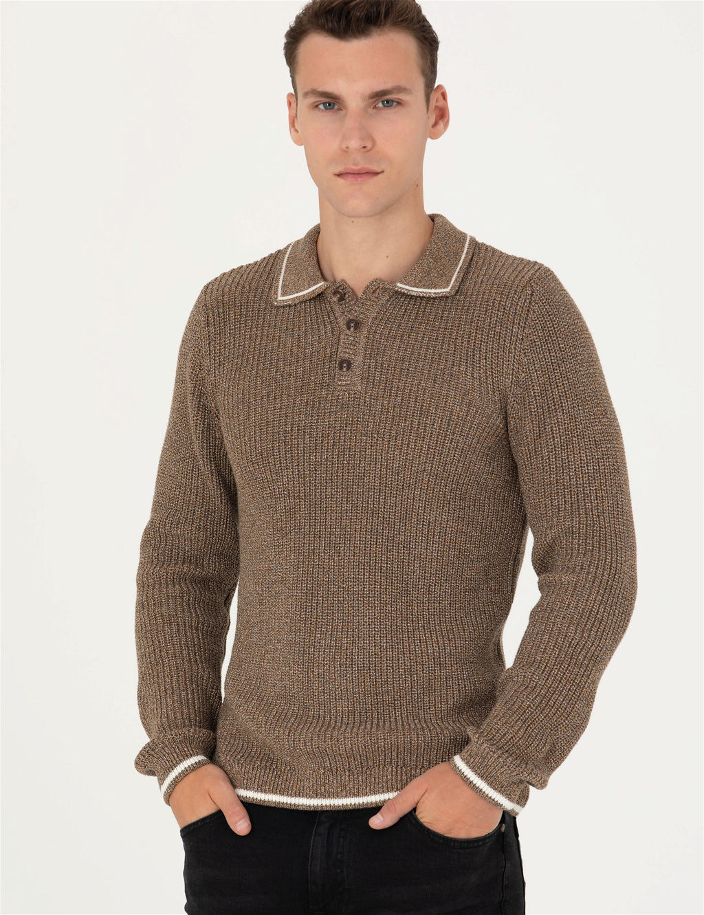 Kahverengi Slim Fit D__meli Polo Yaka Triko Kazak - Pierre cardin фото 3