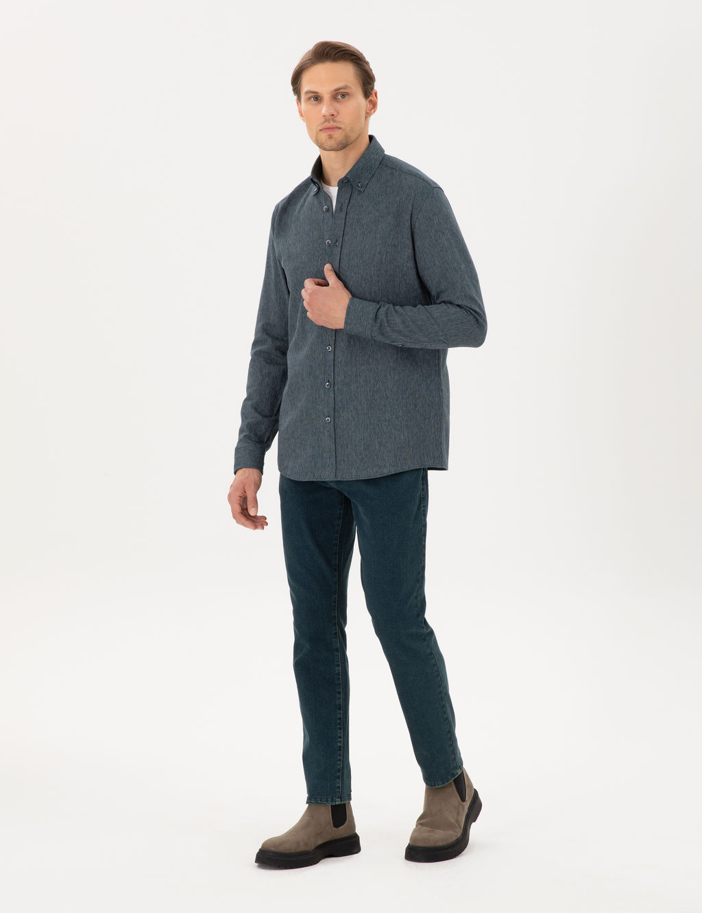 Ye_il Regular Fit Uzun Kollu Oxford G_mlek