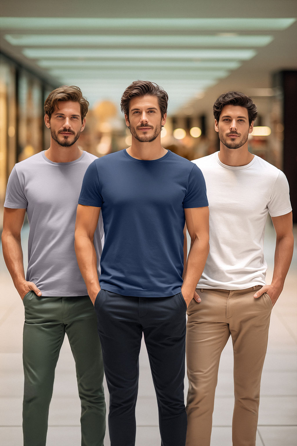 Gri-Ekru-Indigo Slim/Dar Kesim Bisiklet Yaka Basic %100 Pamuklu 3lu Paket T-Shirt TMNSS19BO0007