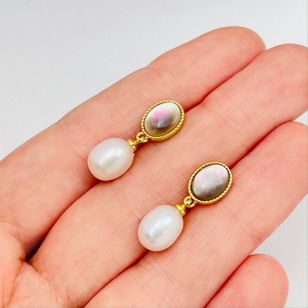 Серьги-пусеты из речного белого Жемчуга с Перламутром - Радуга самоцветов фото 2