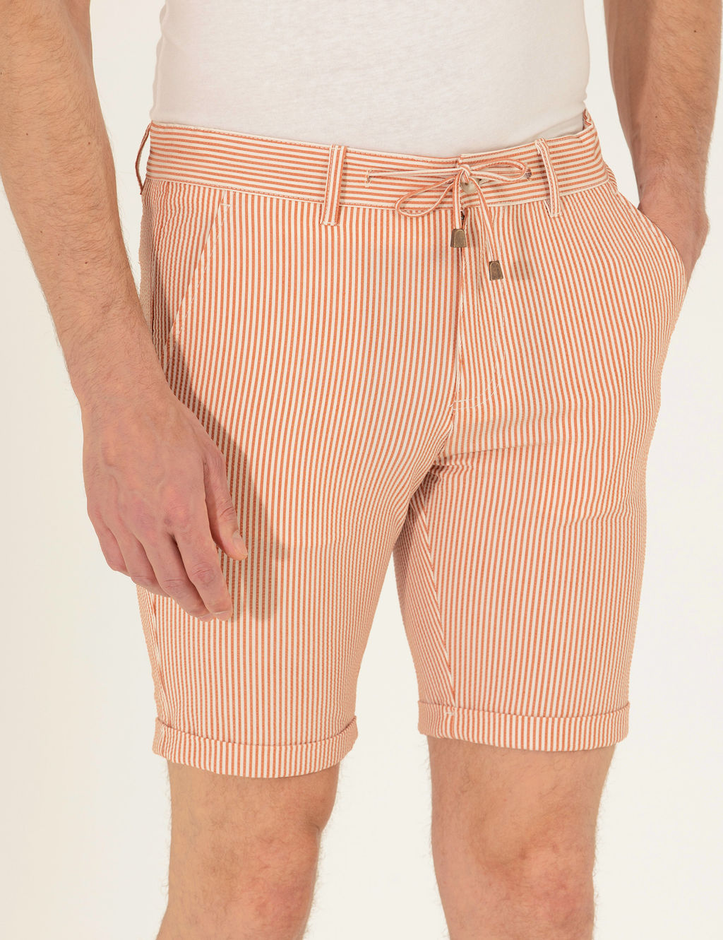Turuncu Slim Fit Beli Lastikli _izgili Ba_c_kl_ Bermuda _ort