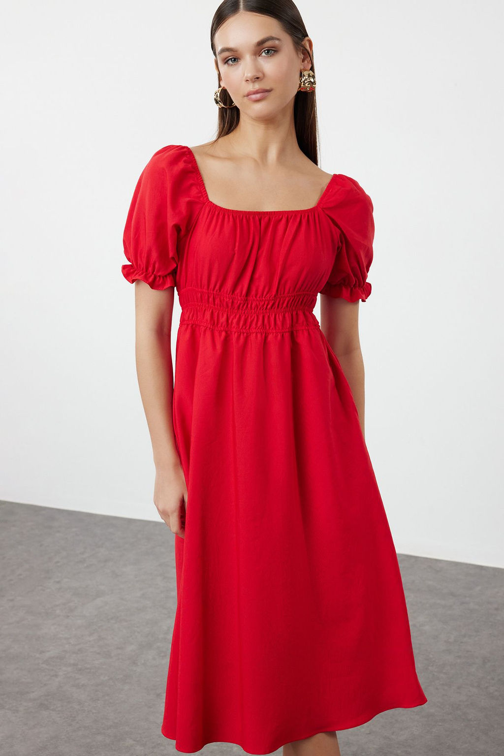 TRENDYOLMILLA K?rm?z? Belden Ac?lan Balon Kollu Midi Dokuma Elbise TWOSS22EL1768 фото 15