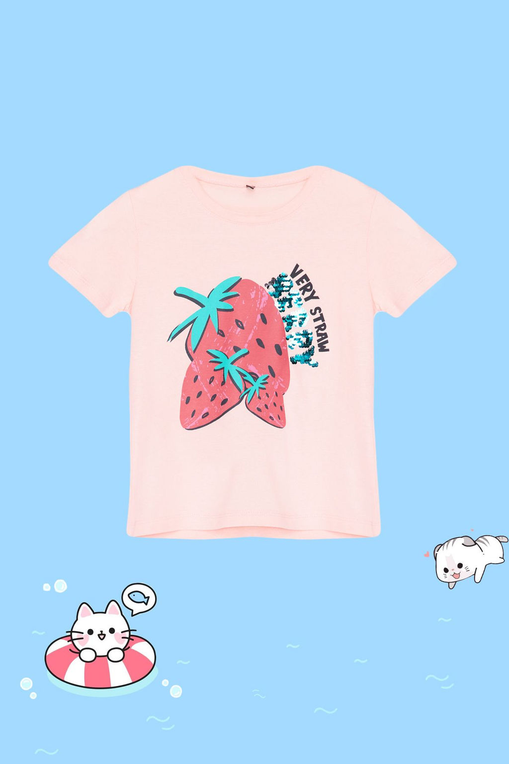 Pembe K?z Cocuk %100 Pamuk Cilek Desenli Regular/Normal Kal?p K?sa Kol Orme T-Shirt TKDSS24TS00007 - Trendyolmilla фото 2