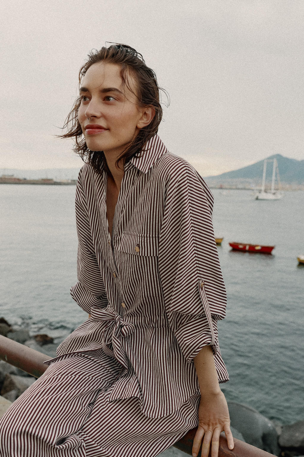 CAMISA SAFARI RAYAS / marron/blanco