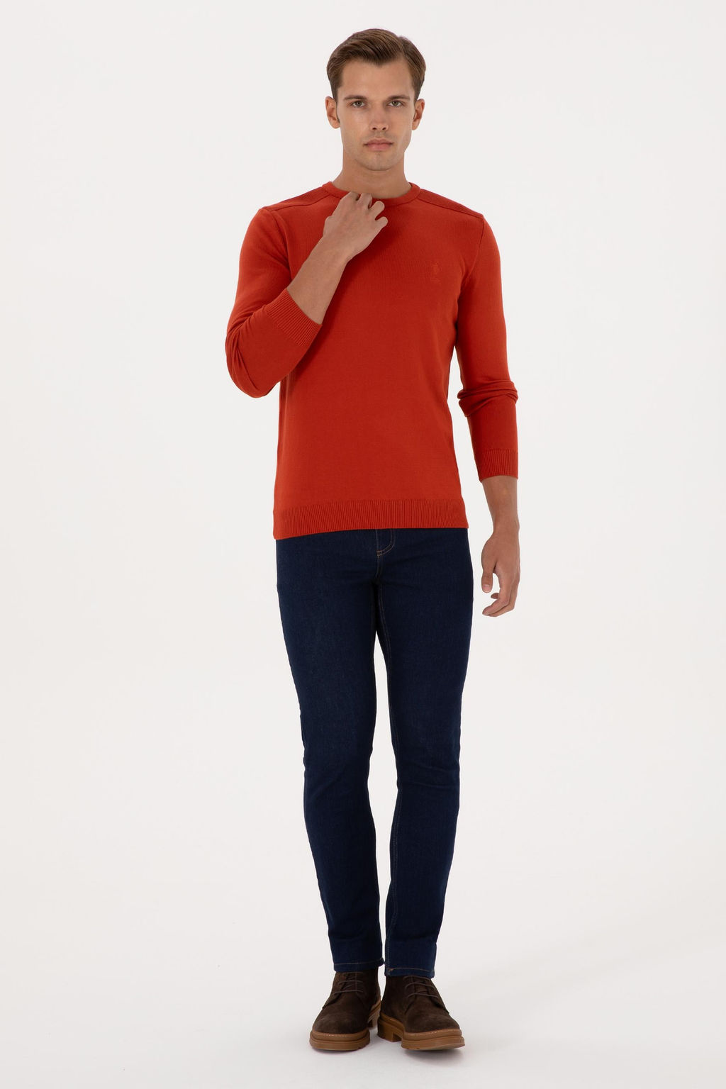 Erkek Slim Fit Bisiklet Yaka Kiremit Basic Kazak