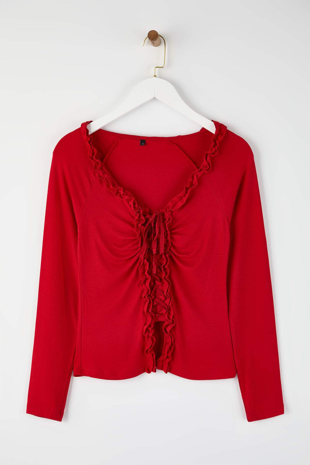 K?rm?z? Fitted/Vucuda Oturan Buzgu/F?rf?r Detayl? Uzun Kollu Esnek Orme Bluz TWOAW26BZ00162