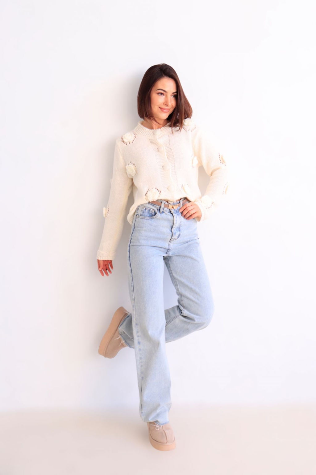 Martichelli Кардиган айвори с вязаными розами  фото 5