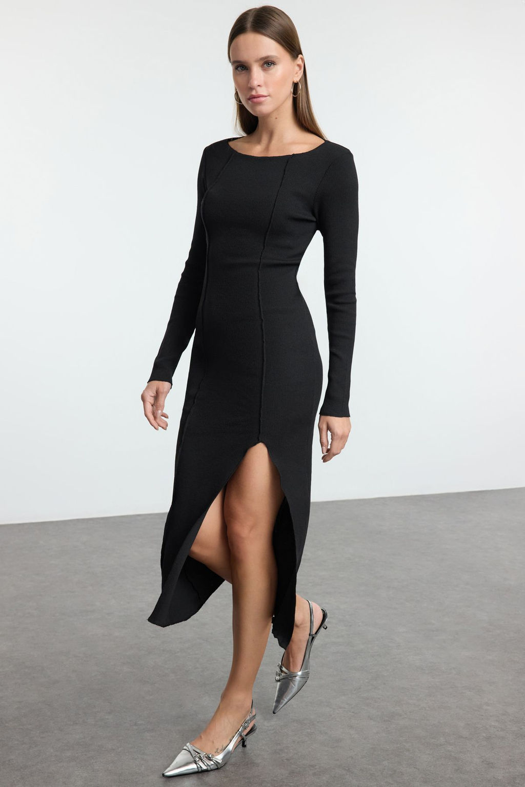 Trendyolmilla Siyah Duz Y?rtmacl? Midi Kay?k Yaka Fitted/Vucuda Oturan Y?rtmacl? Orme Elbise TWOAW25EL00552  фото 2