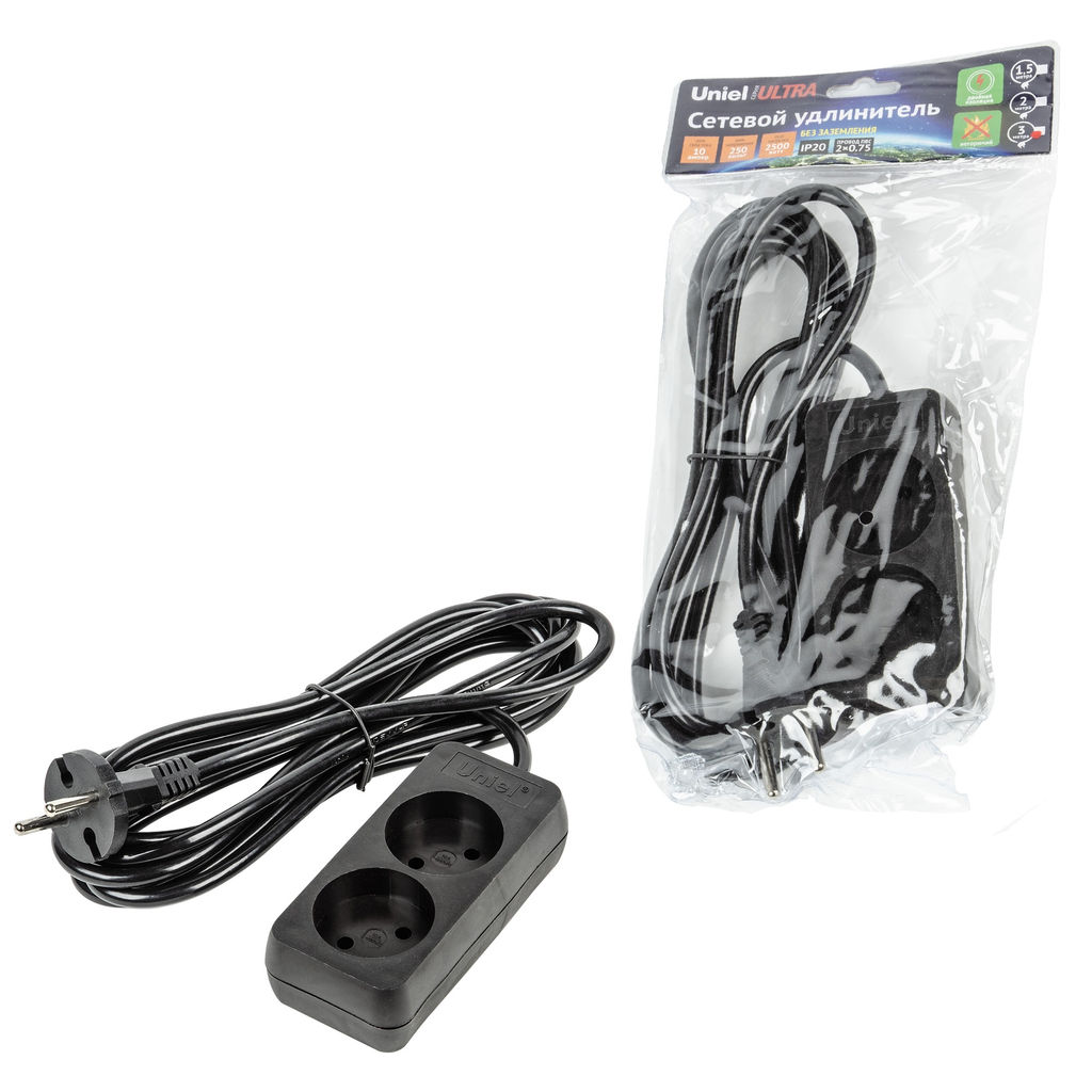 S-CU2-3 BLACK Удлинитель серии Ultra, шнур 3м., 2 гнезда, 10A, б/з. Черный. TM Uniel