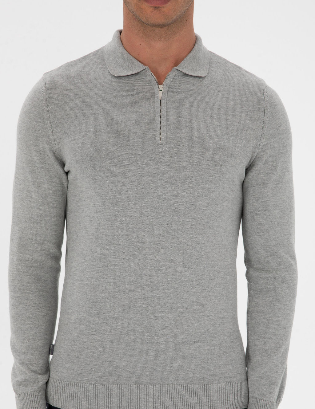 Gri Melanj Slim Fit Polo Yaka Fermuarl_ Basic Triko Kazak - Pierre cardin фото 6