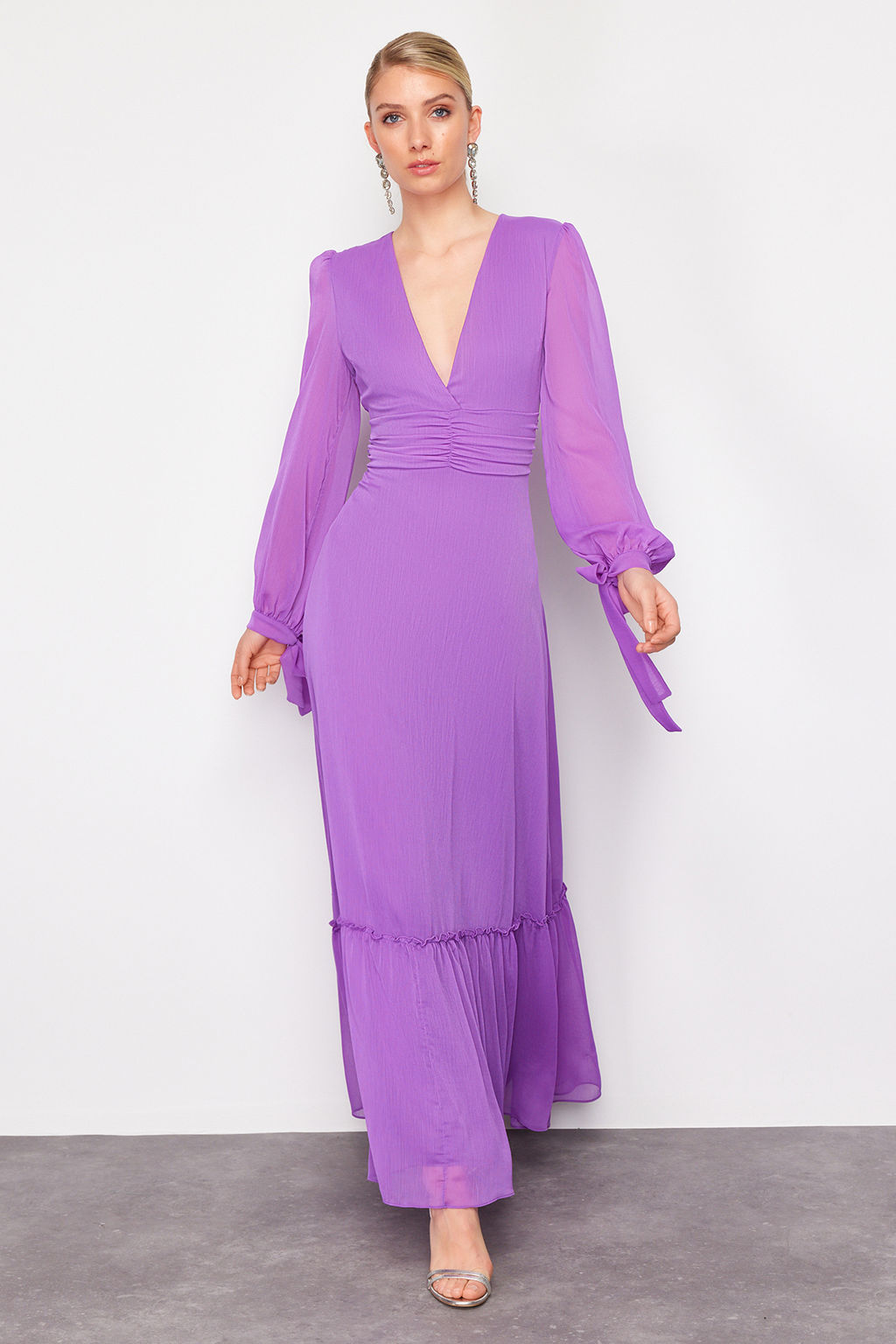 Mor A-Kesim Dokuma Sifon Uzun Gece Abiye Elbise TPRSS24AE00117 - Trendyolmilla фото 2