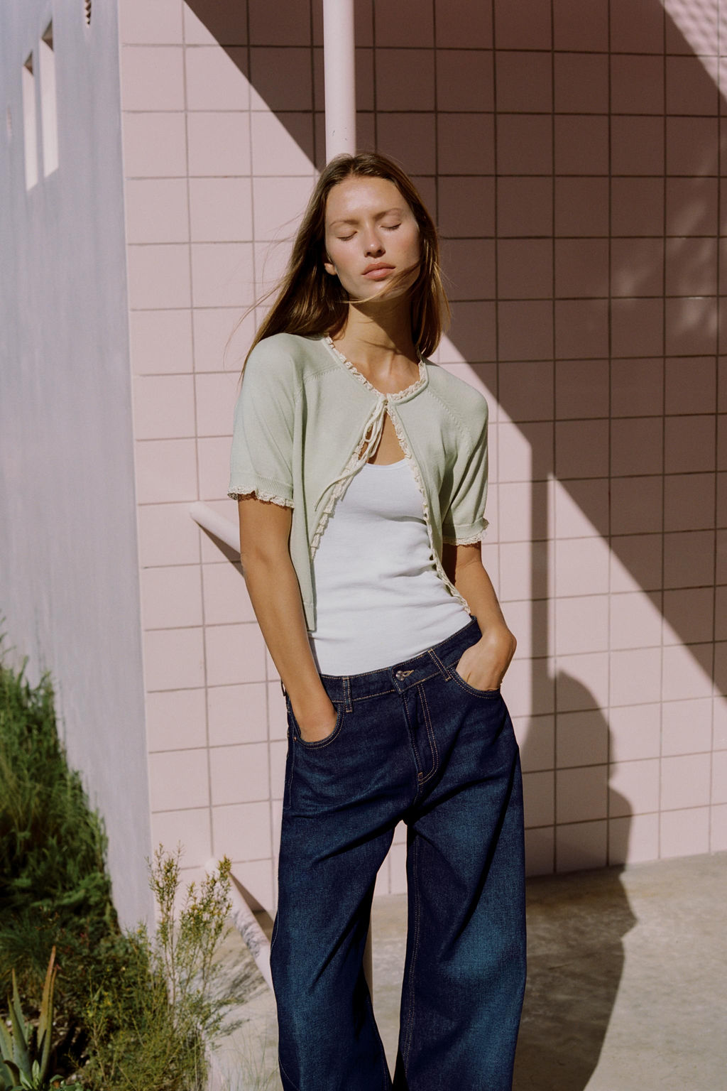 CHAQUETA PUNTO LAZO PUNTILLA / Verde pastel - Zara фото 3