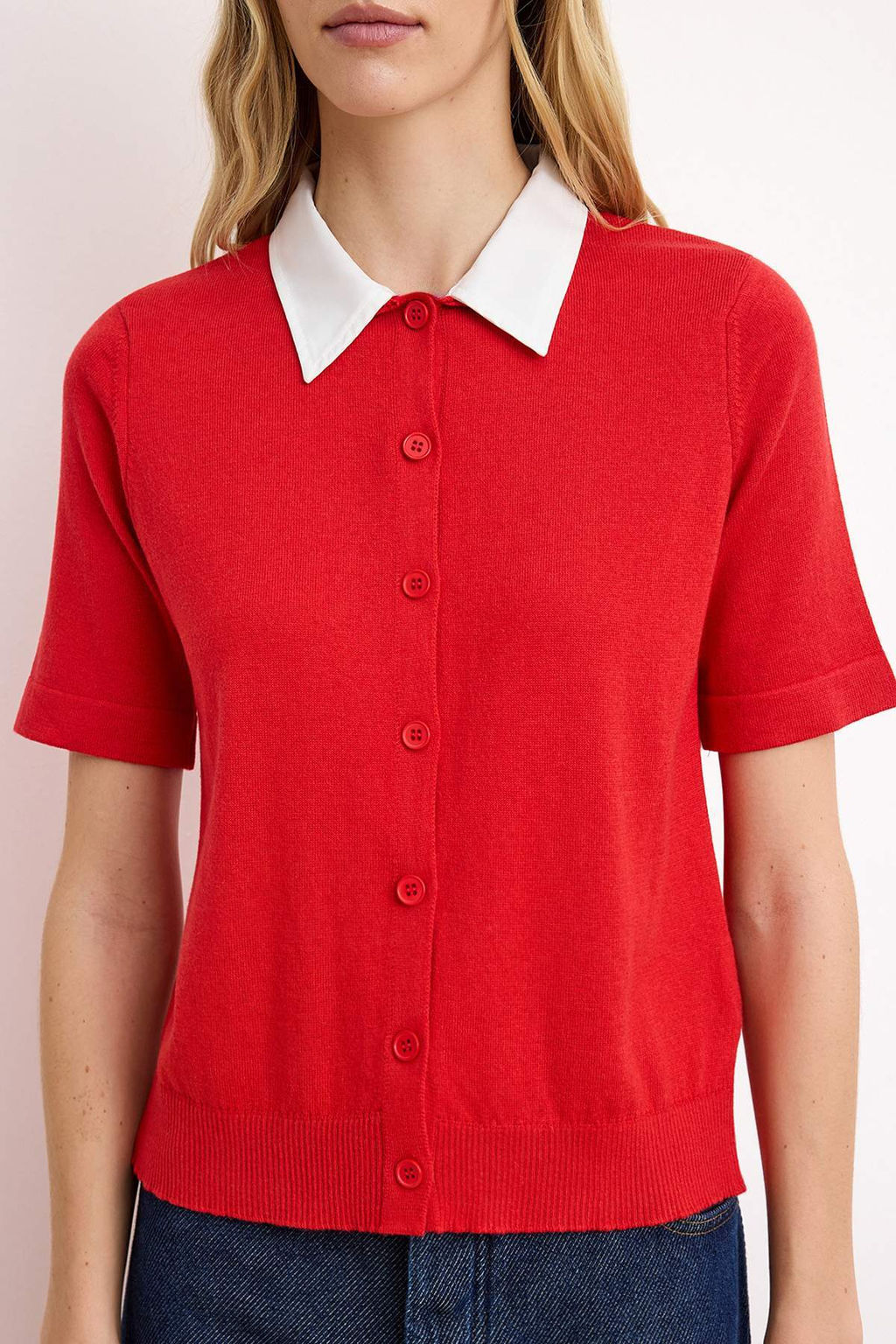 K?rm?z? Cizgili Gomlek Yaka Garnili Renk Bloklu Ince Triko Ince Bluz TWOSS26BZ00117 - Trendyolmilla фото 5