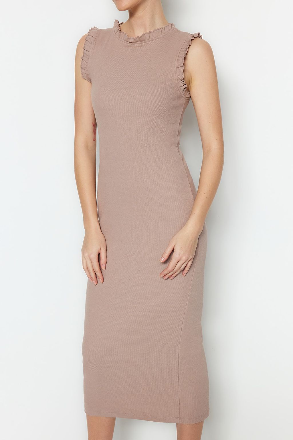 Vizon F?rf?r Detayl? Fitilli Bodycone/Vucuda Oturan Midi Smart Esnek Orme Kalem Elbise TWOSS22EL1569