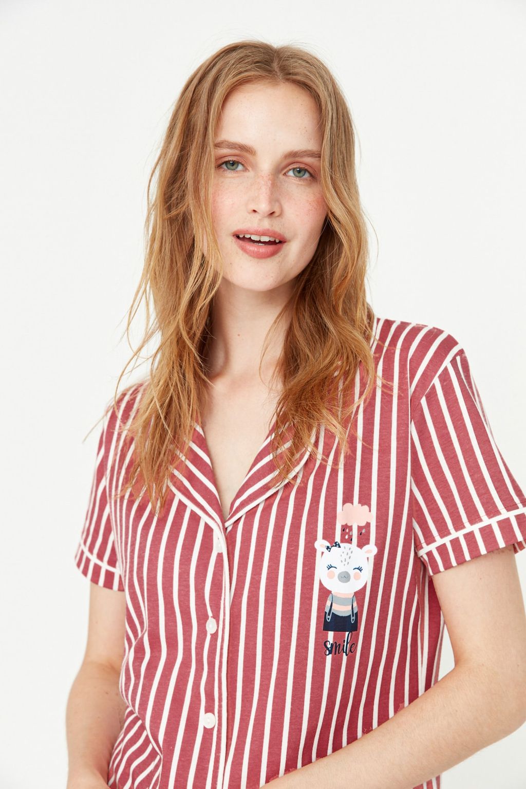 Trendyolmilla Pembe Cizgili Hayvan Bask?l? Gomlek-Pantolon Orme Pijama Tak?m? THMSS21PT0878