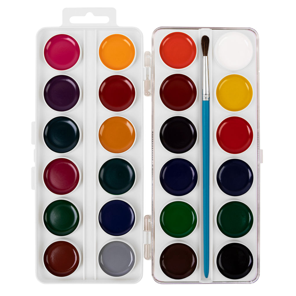 Краска акварель Лео Ярко медовые, с кистью (классическая двухъярусная) в пластиковой упаковке с европодвесом LBWB-0124 24 цв  фото 4