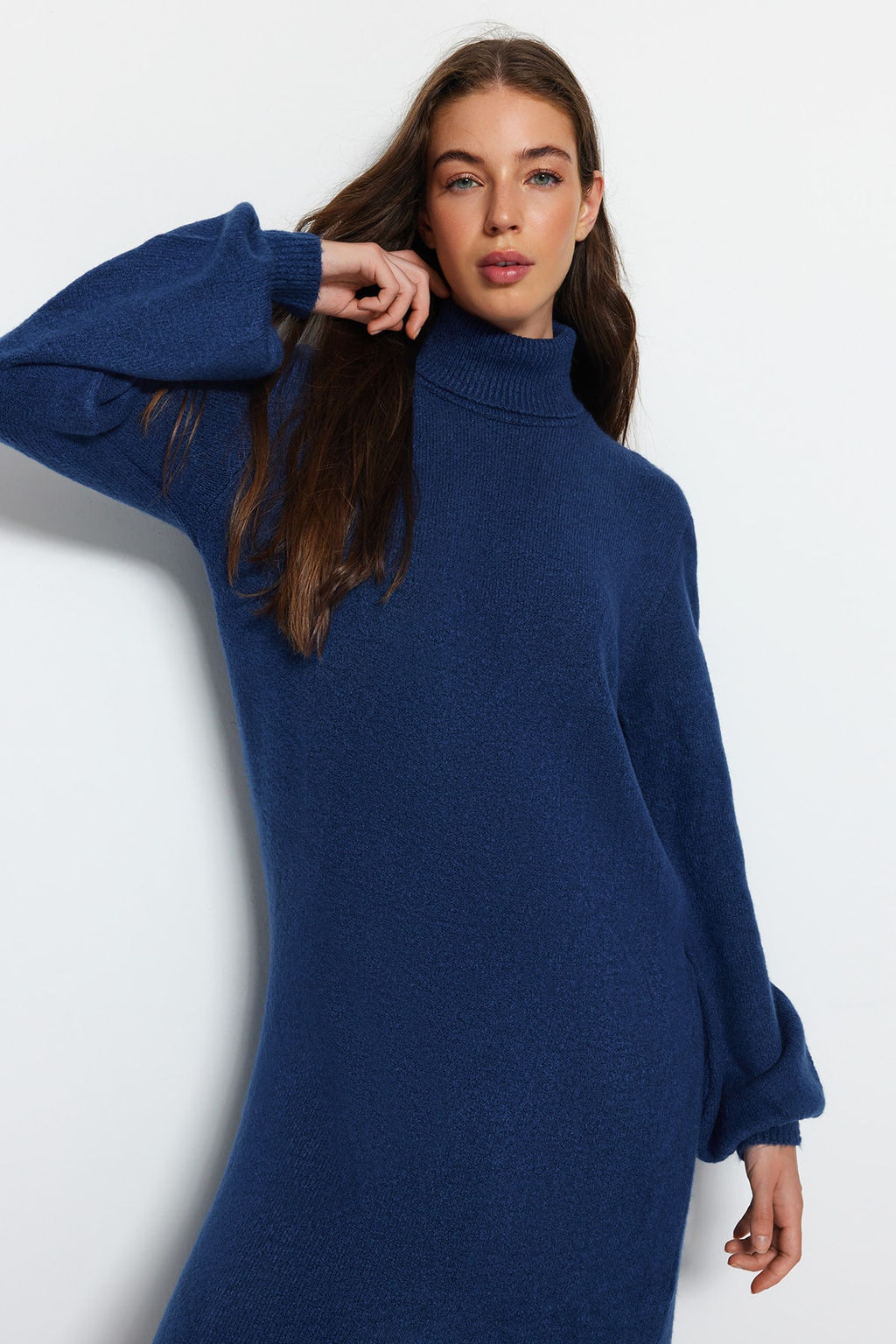 Indigo Midi Triko Yumusak Dokulu Kazak Elbise TWOAW24EL00033