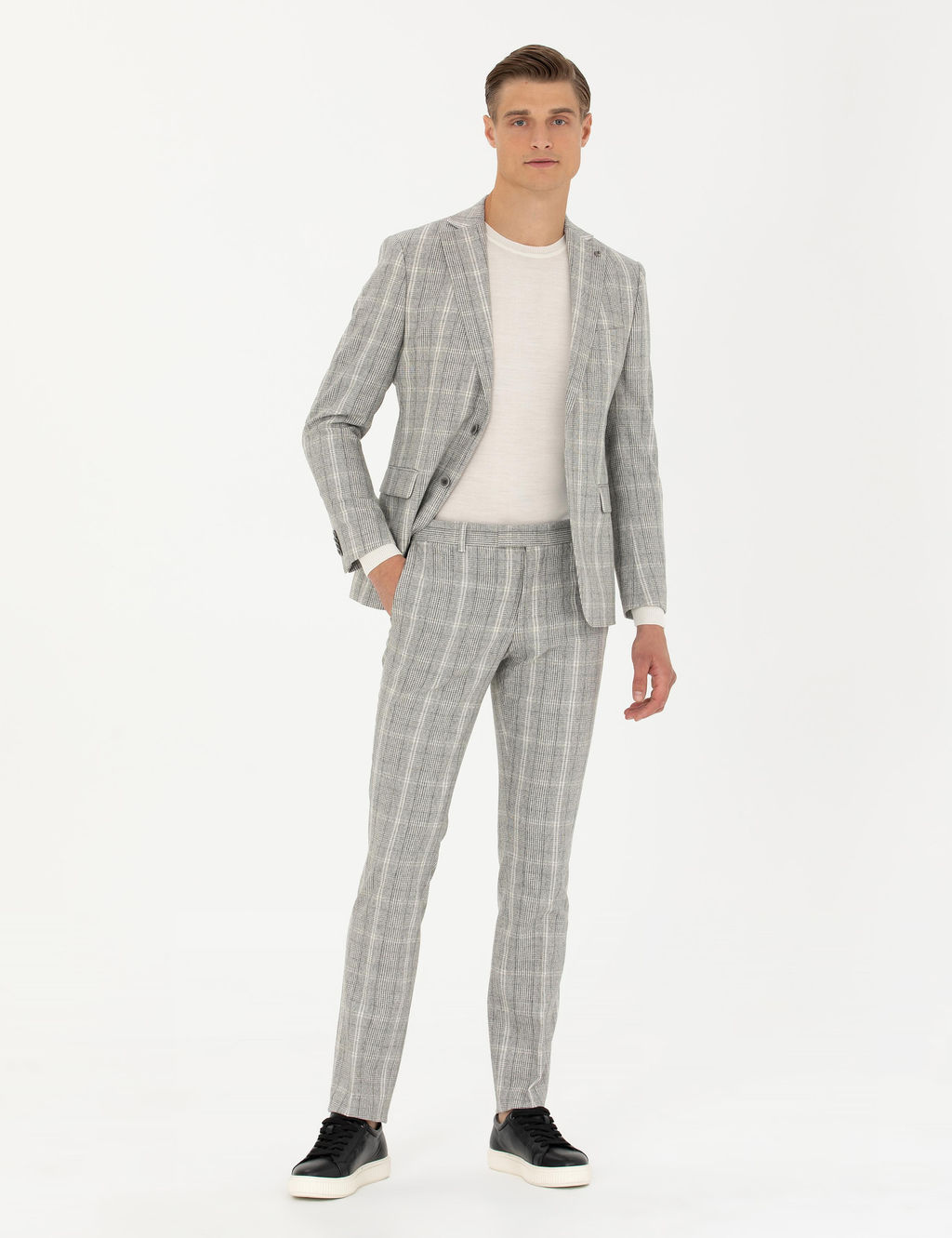 Серый приталенный костюм из смесовой шерсти в клетку - Cacharel фото 2