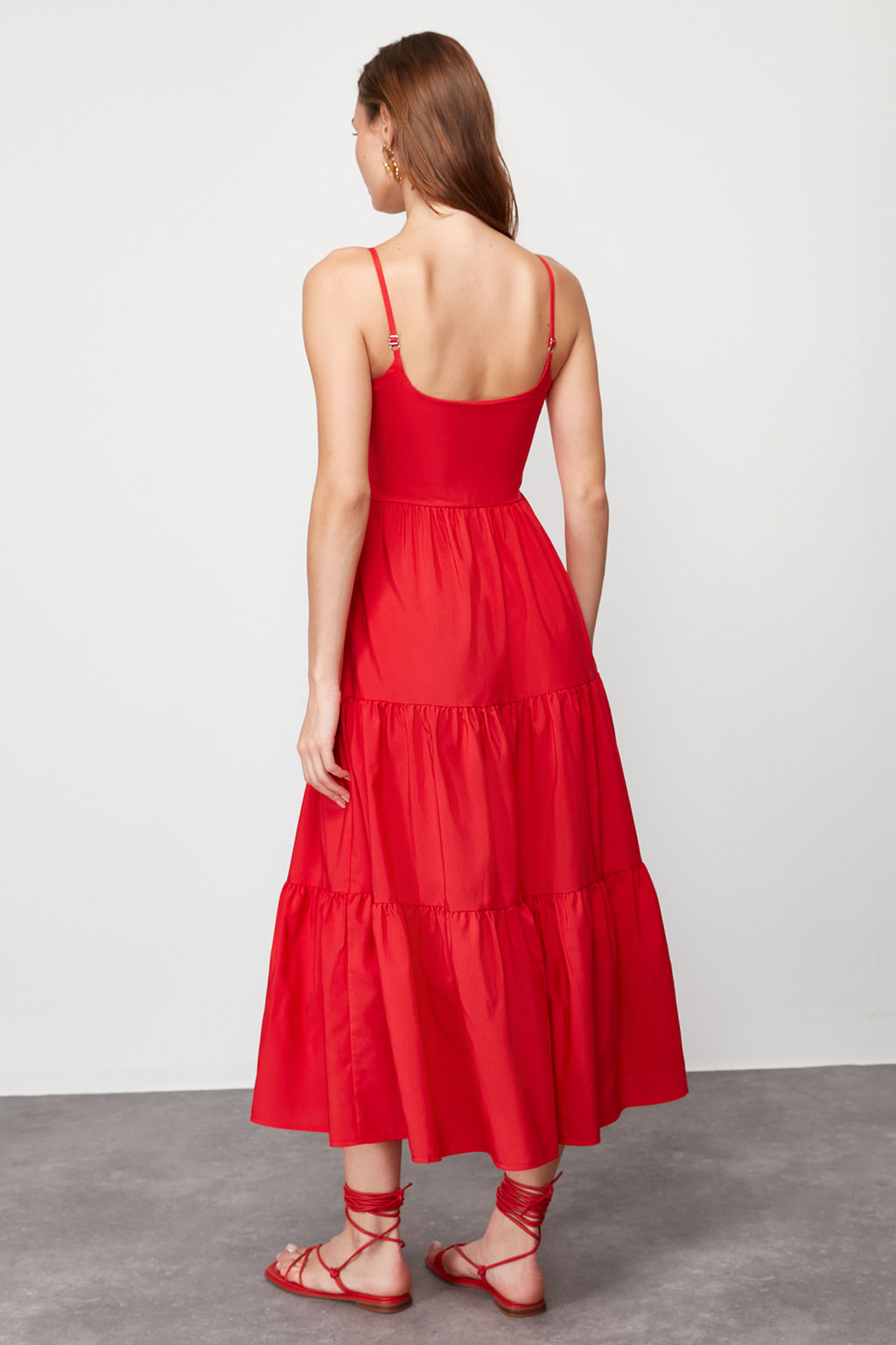 TRENDYOLMILLA K?rm?z? Etegi Belden Ac?lan Pamuk Kar?s?ml? Maxi Dokuma Elbise TWOSS24EL00386  фото 16