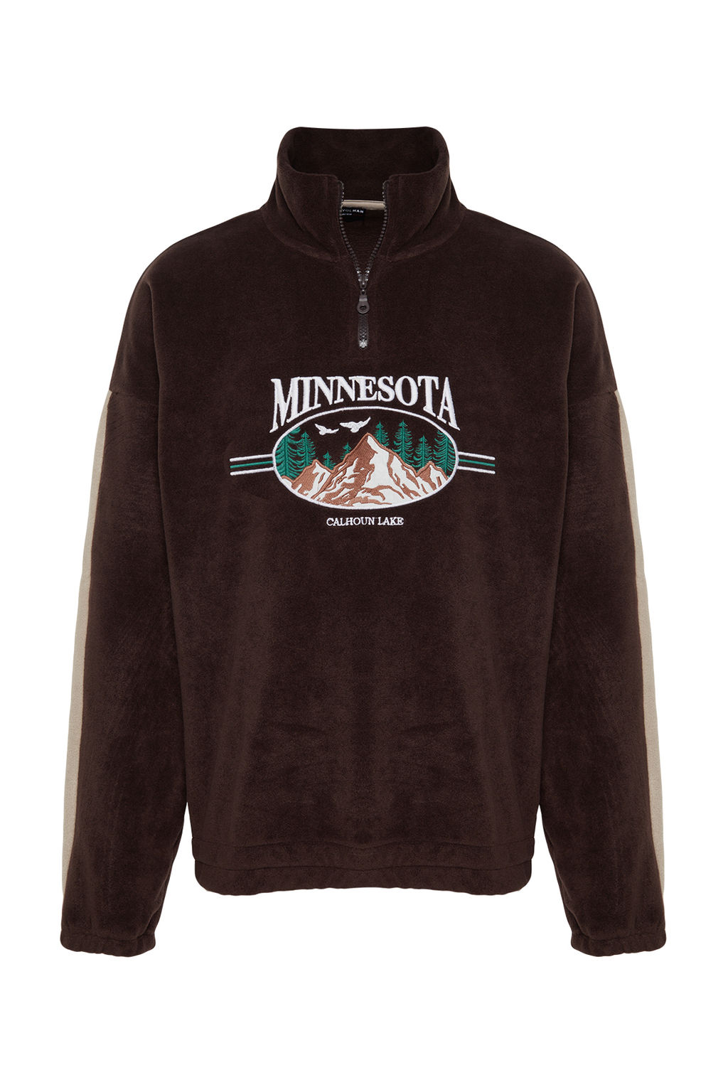 Kahverengi Unisex Oversize/Genis Kesim Dik Yaka Fermuar Anti-pilling Polar Sweatshirt TMNAW24SW00034