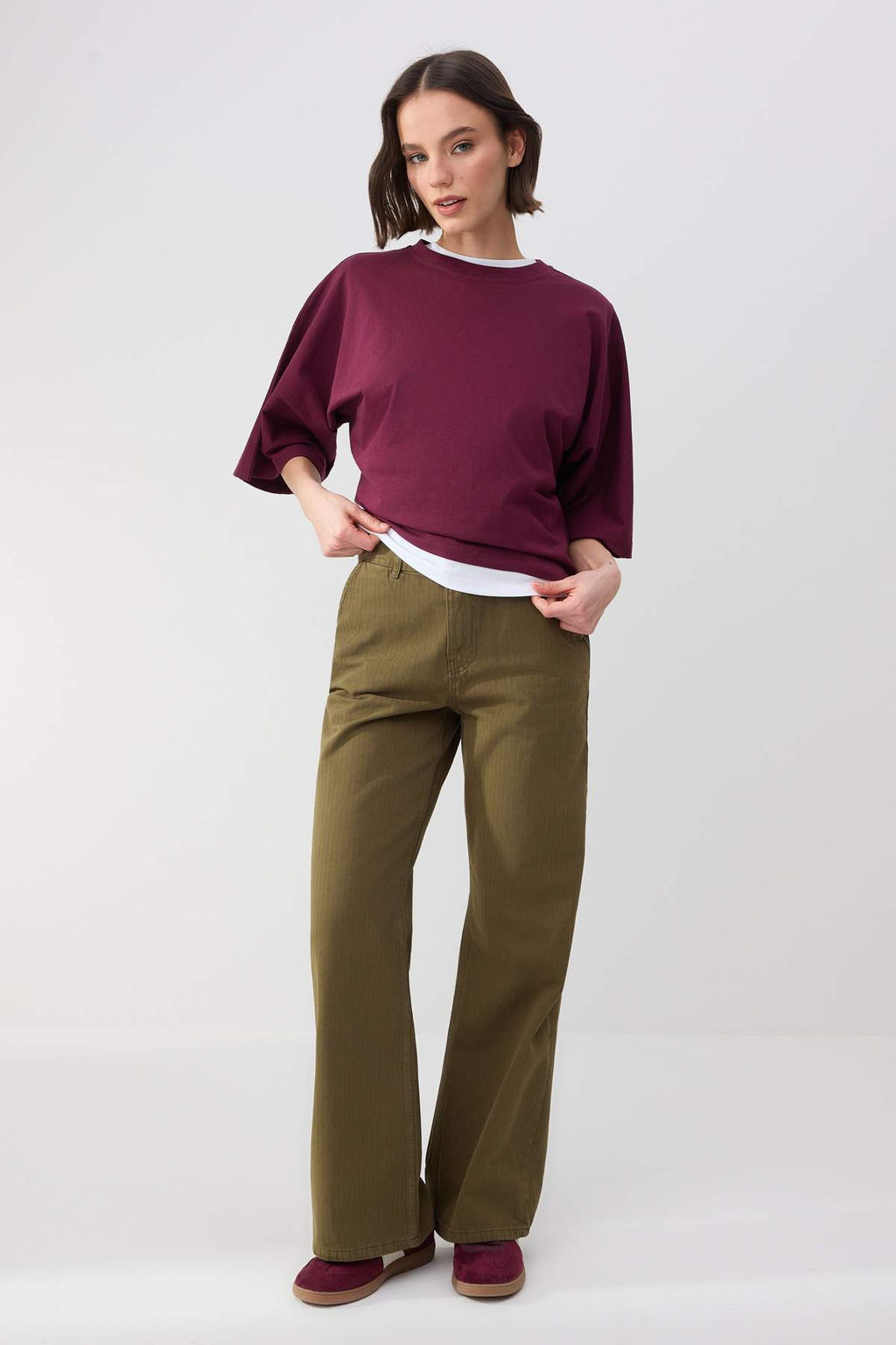 Wardrobe Essentials-Ekru Genis Kal?p Yarasa Kol %100 Pamuk Orme T-Shirt TWOSS26TS00047 - Trendyolmilla фото 10