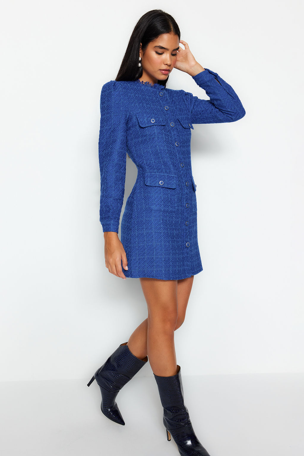 TRENDYOLMILLA Saks Duz Kesim Tuvit Ceket Dokuma Elbise TWOAW24EL00405  фото 6