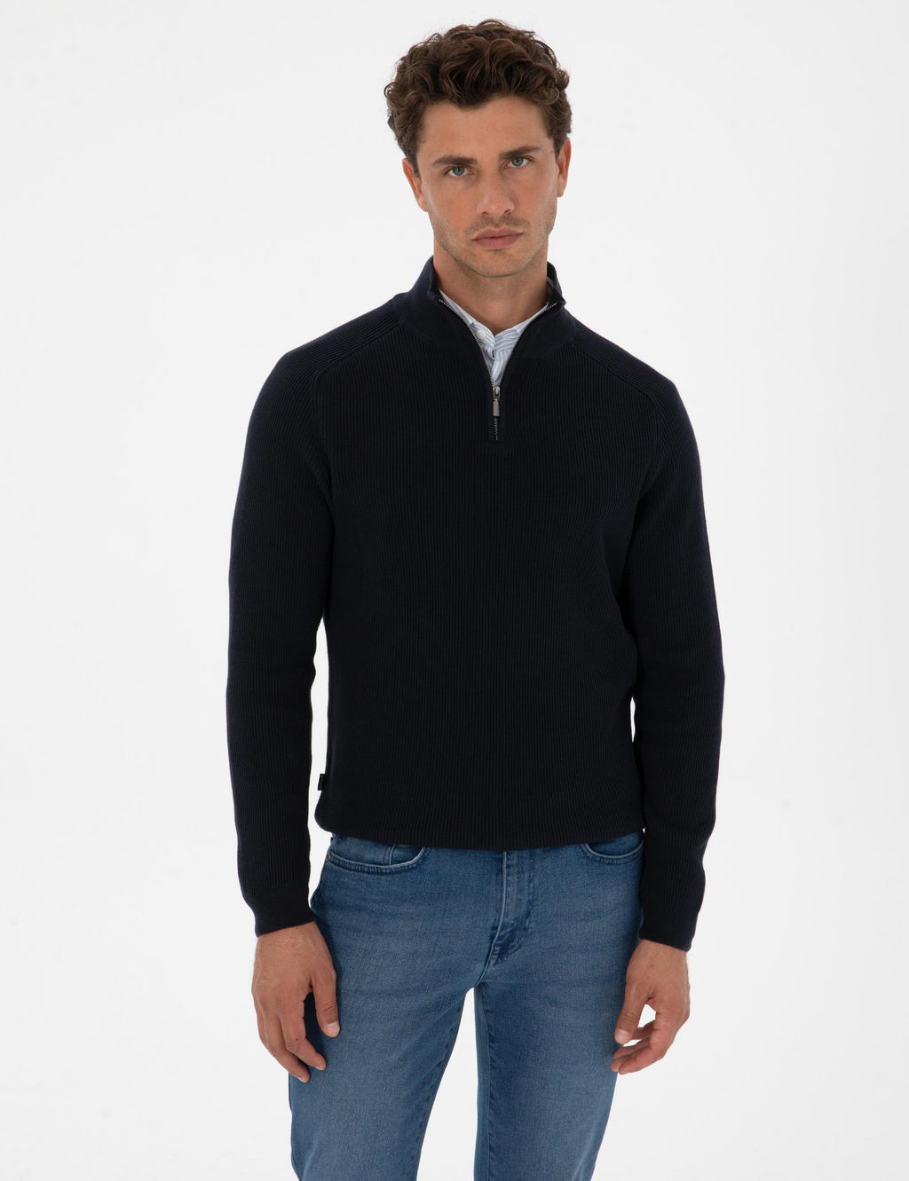 Lacivert Slim Fit Dik Yaka Fermuarl_ Triko Kazak