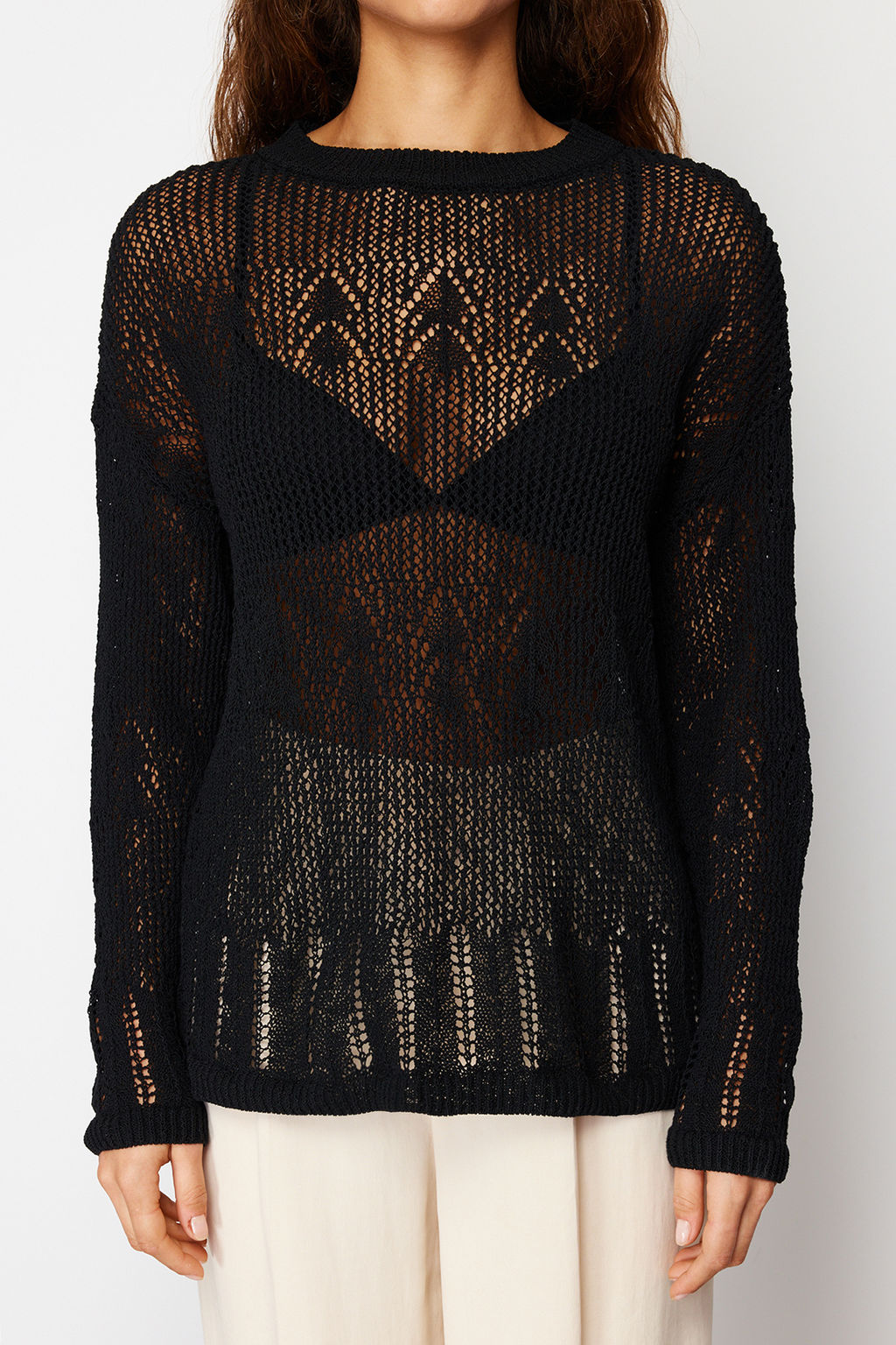 Siyah Pamuk Kar?s?ml? Ajurlu/Delikli Triko Kazak TWOSS24KZ00011 - Trendyolmilla фото 6