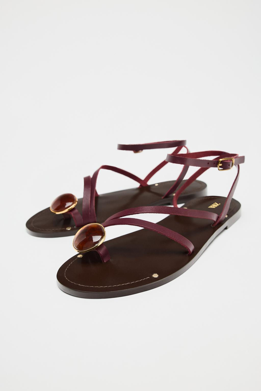 FLAT LEATHER SANDALS WITH STRAPS AND DECORATION - Zara фото 4