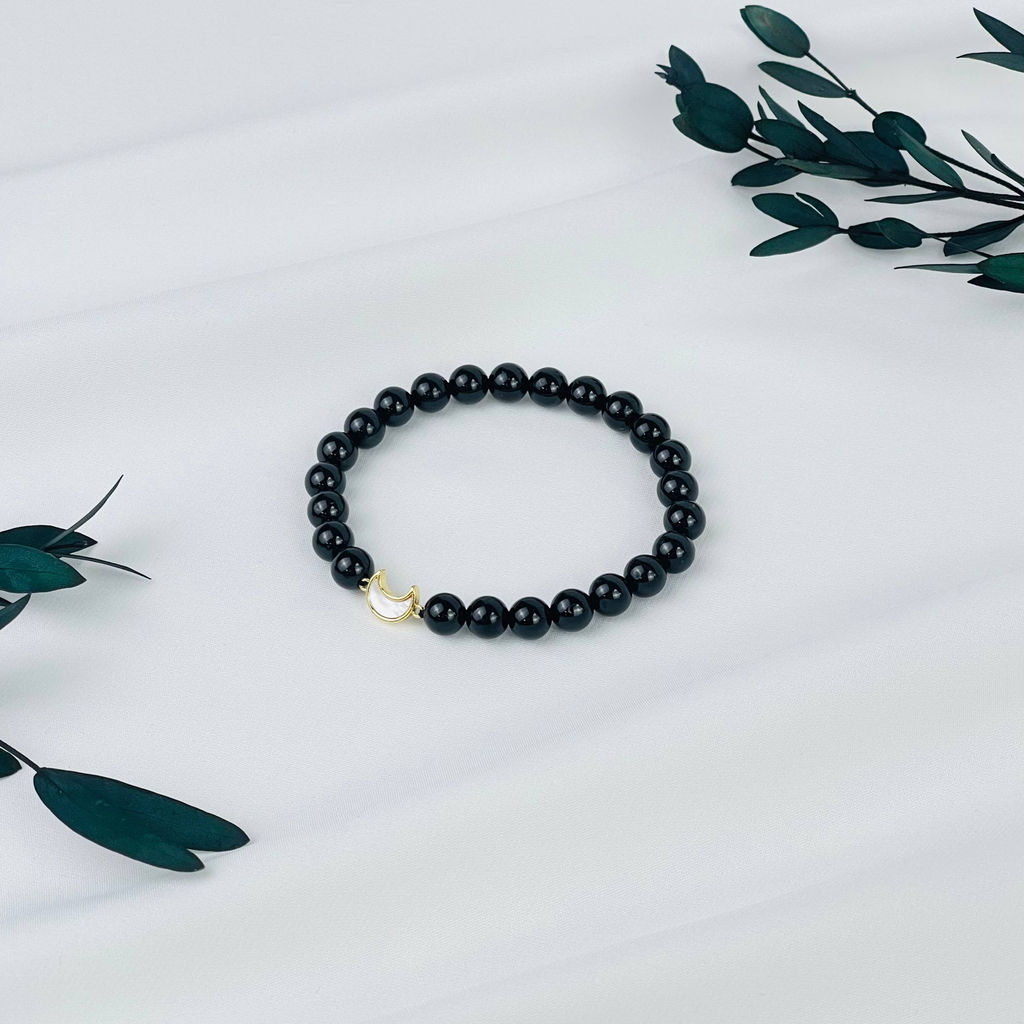 Браслет из черного Турмалина (Шерл) с перламутровой вставкой 17 см