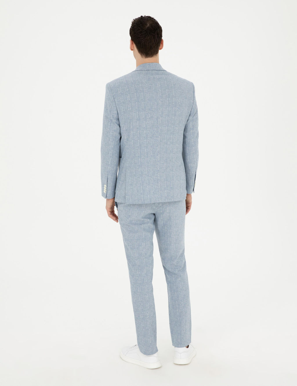 A__k Mavi Slim Fit Keten Kar___ml_ _izgili Tak_m Elbise