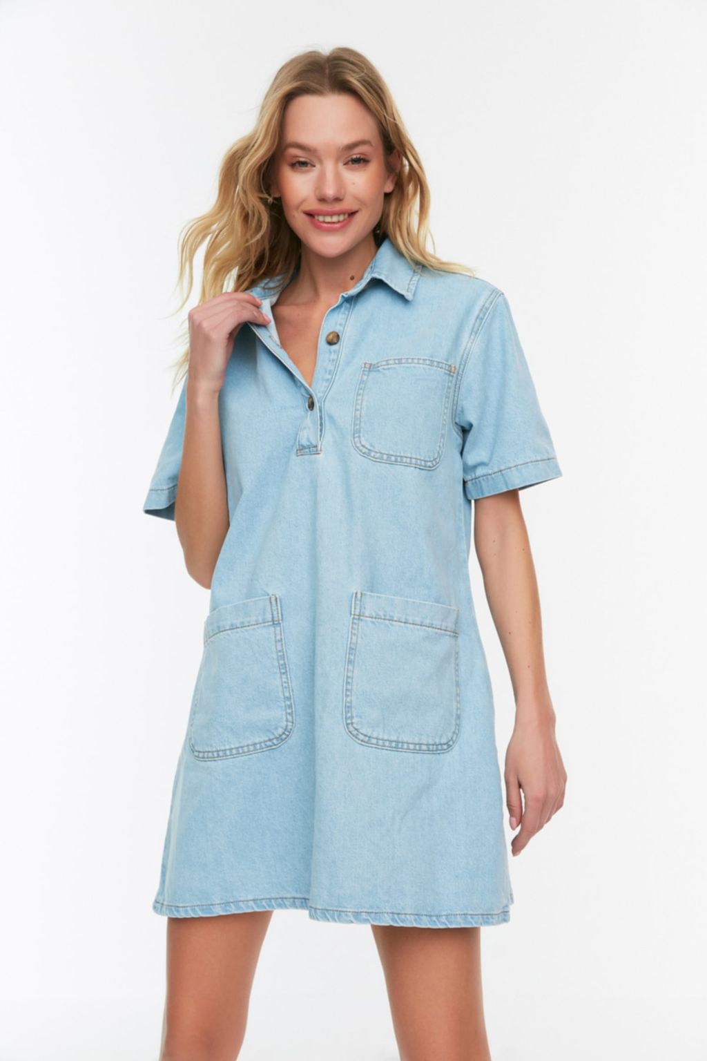 TRENDYOLMILLA Mavi Cep Detayl? Oversize Mini Denim Gomlek Elbise TWOSS22EL3022 фото 12