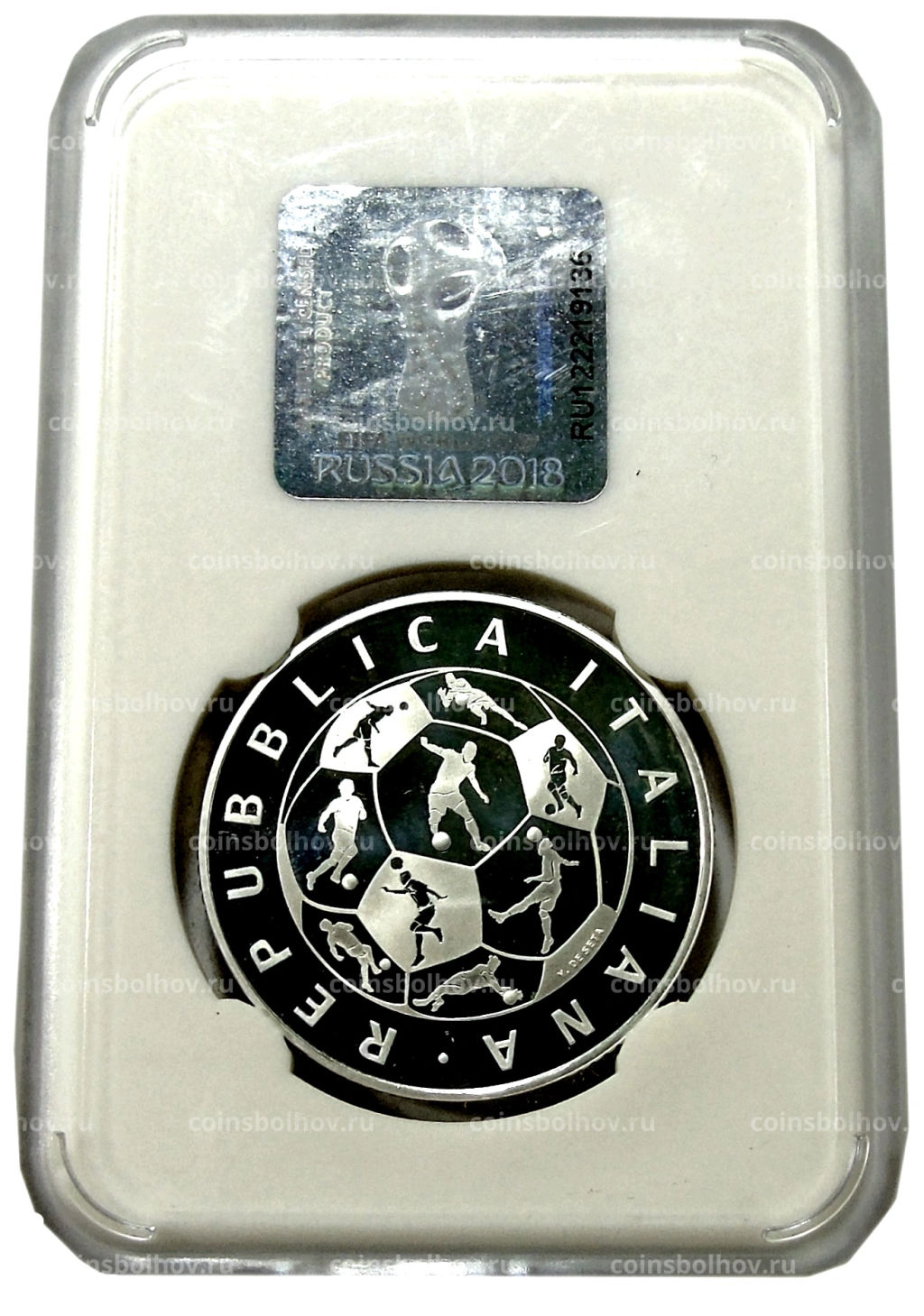 Монета 10 евро 2018 года Италия Чемпионат мира по футболу 2018, Россия (в слабе)