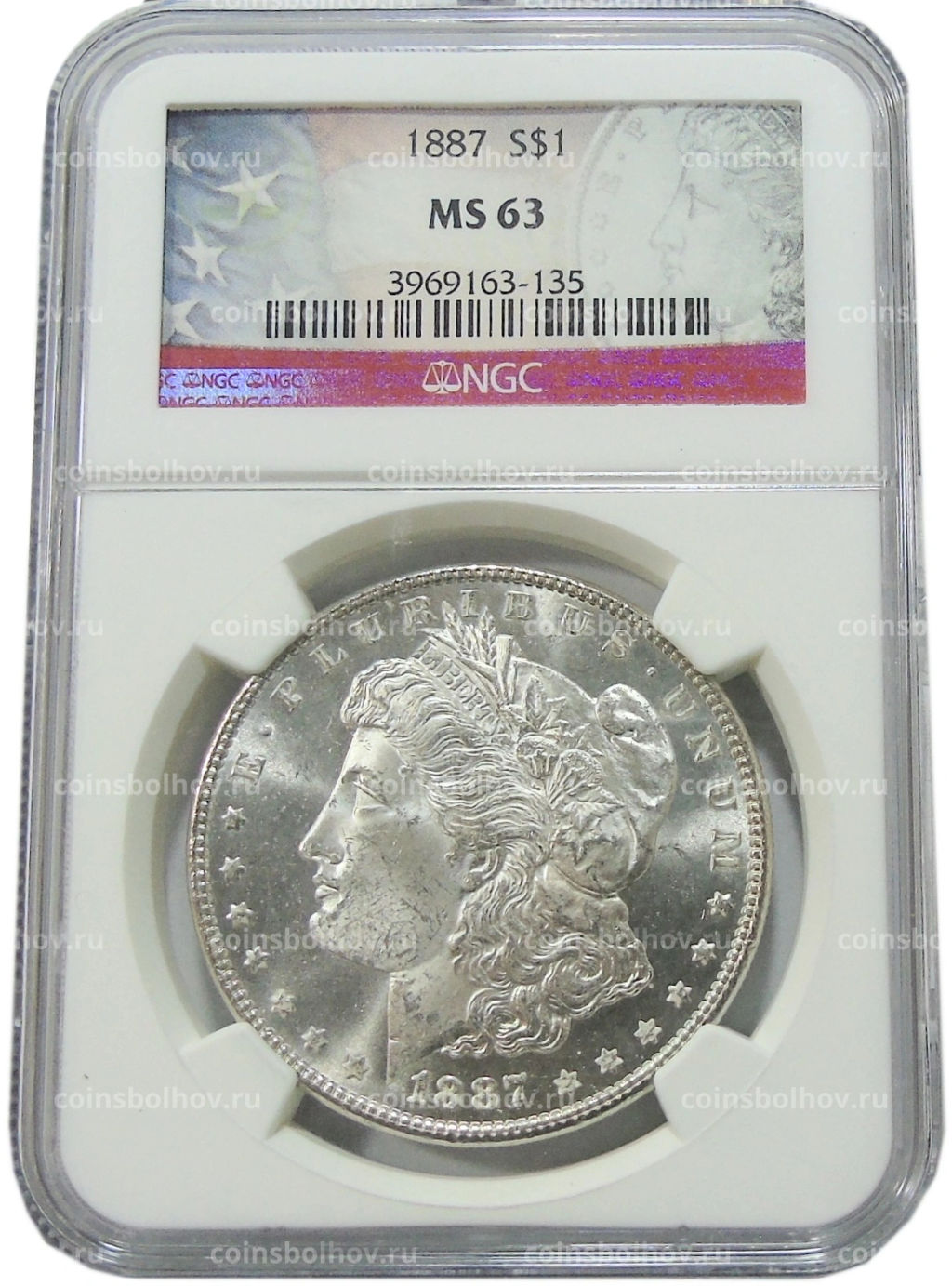 1 доллар 1887 года США Доллар Моргана (в слабе NGC MS 63)