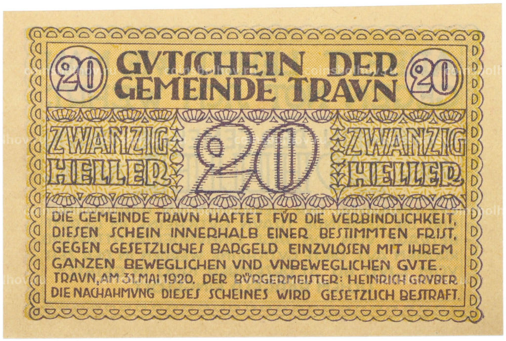 Банкнота 20 геллеров 1920 года Австрия  община Траун (Нотгельд)