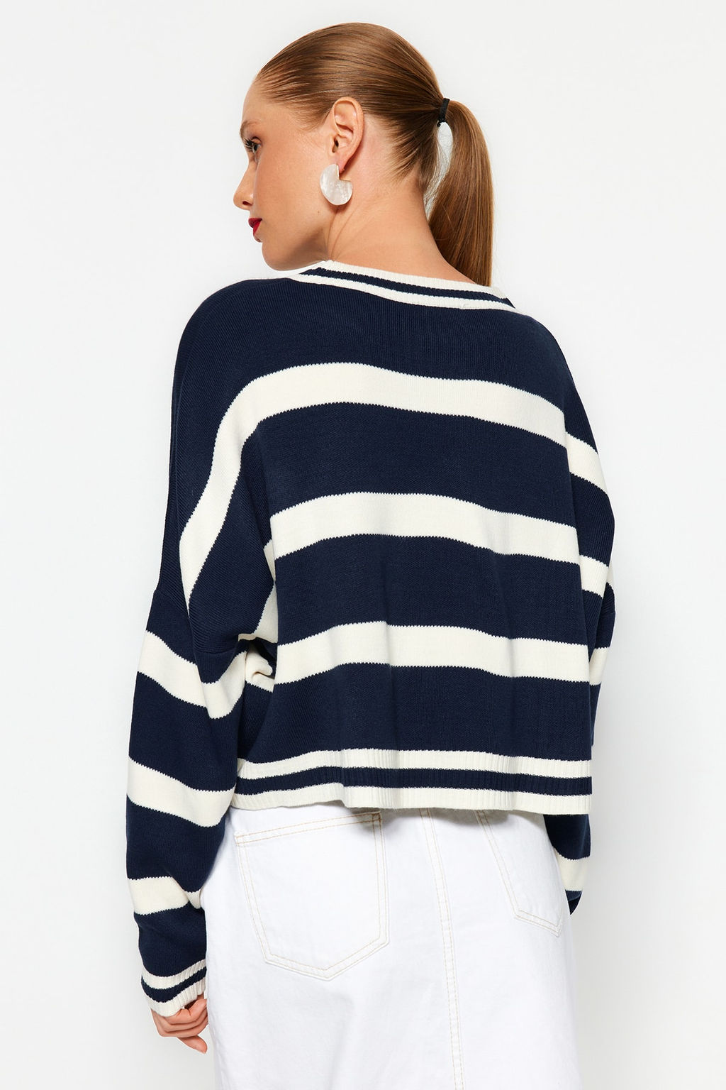 Lacivert Crop Cizgili Triko Kazak TWOAW23KZ00205
