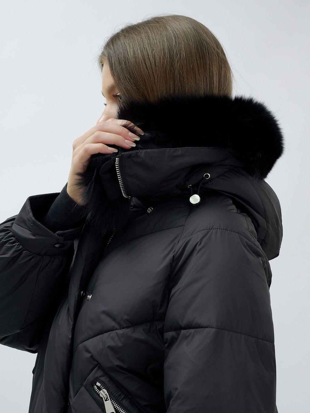 Полупальто женское зимние с мехом песец люкс класса черного цвета 6227Ch - Visdeer фото 9