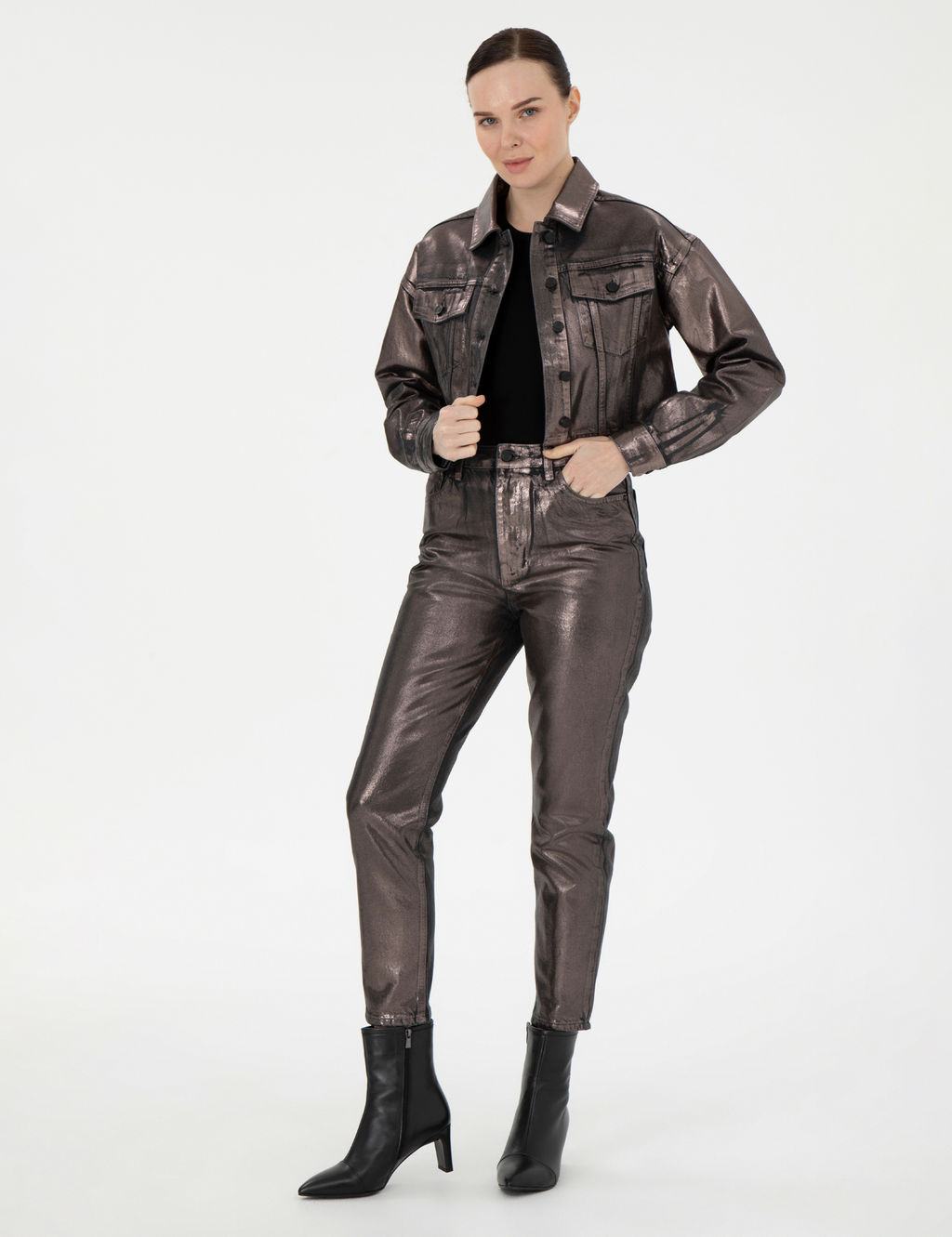 Parlak Antrasit Mom High Waist Fit Jean Pantolon