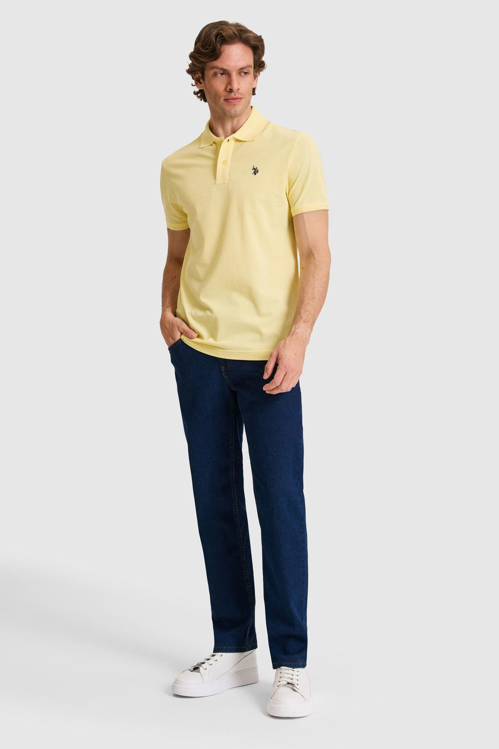 Erkek Slim Fit Polo Yaka A__k Sar_ Basic Ti__rt